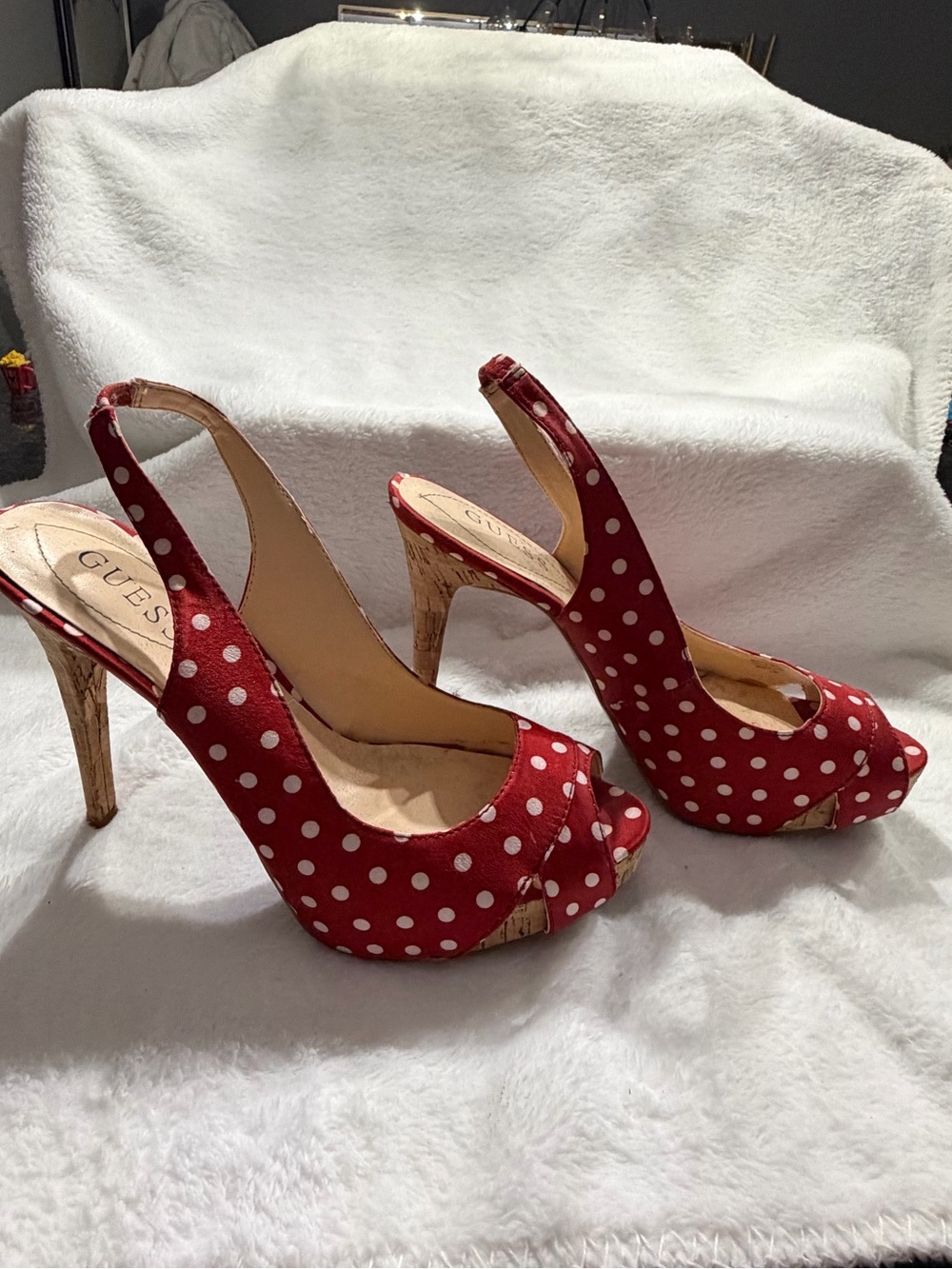 GUESS Red Polka Dot Peep Toe Platform Heels size 9.5